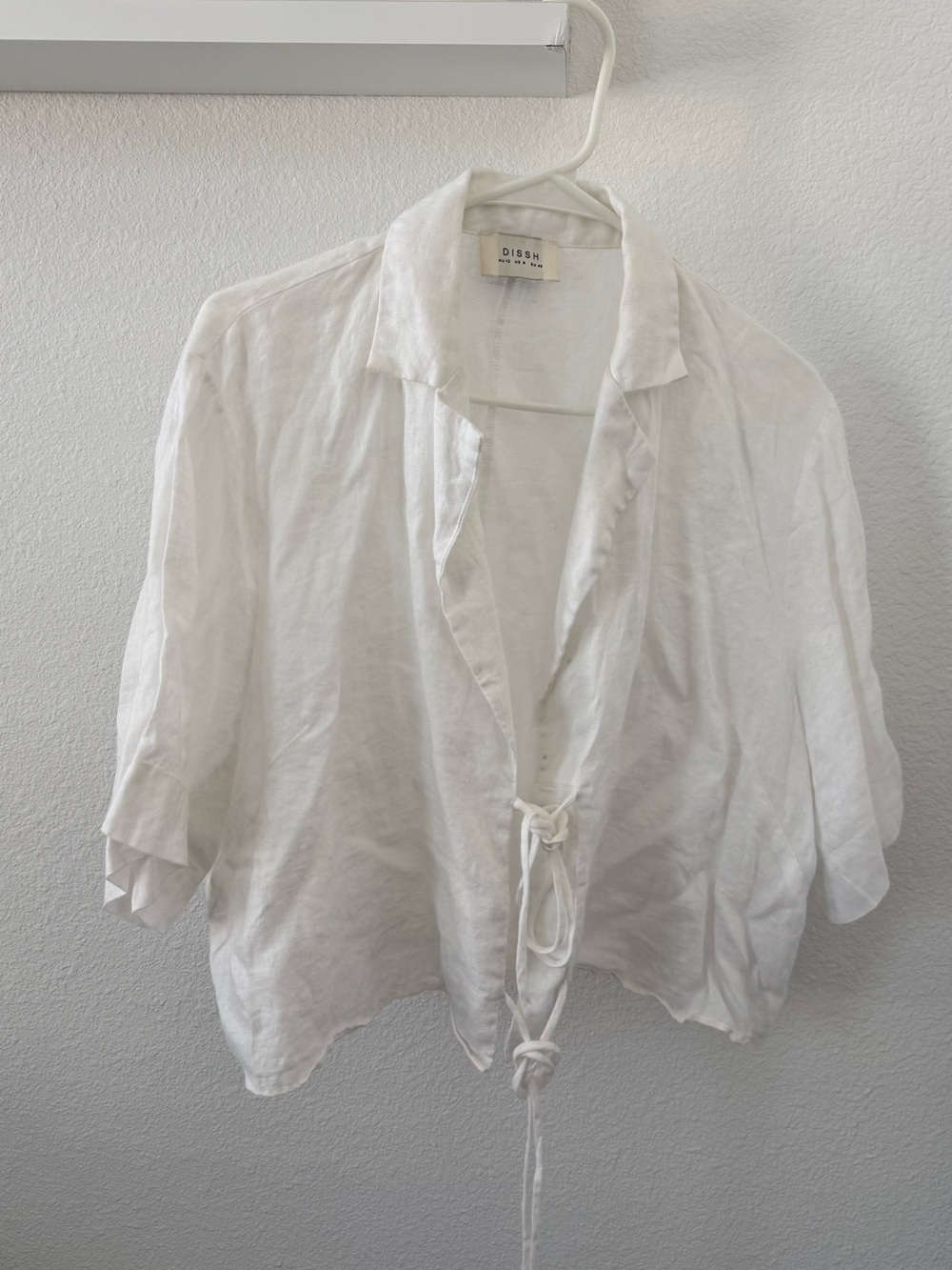 DISSH White Linen Tie-Front Casual Button Down Shirt